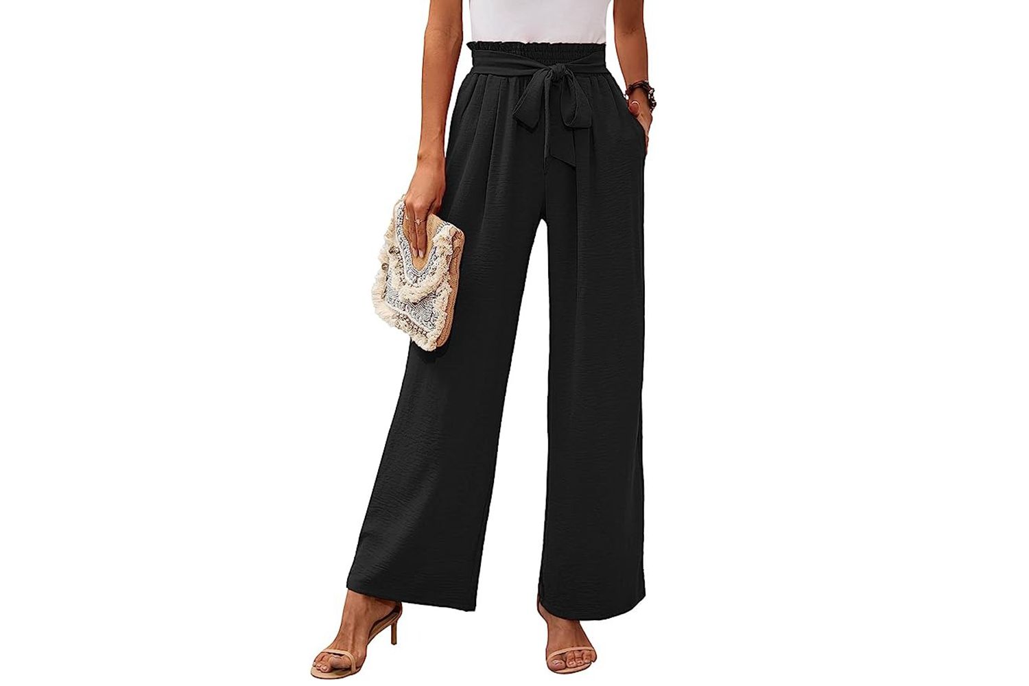 Amazon Heymoments Pantalon de détente à jambes larges pour femme avec poches, léger, taille haute, réglable avec nœud papillon, pantalon ample