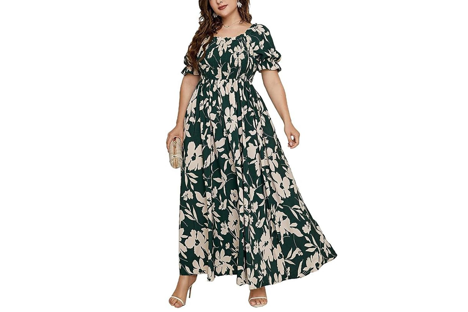 Amazon MakeMeChic Robe bohème décontractée grande taille pour femme - Motif floral - Manches courtes froncées - Col carré - Maxi Flomal