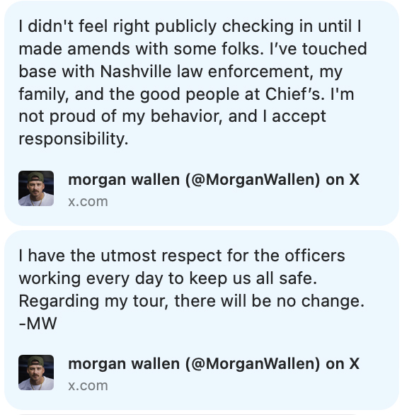Capture d'écran du tweet de Morgan Wallen